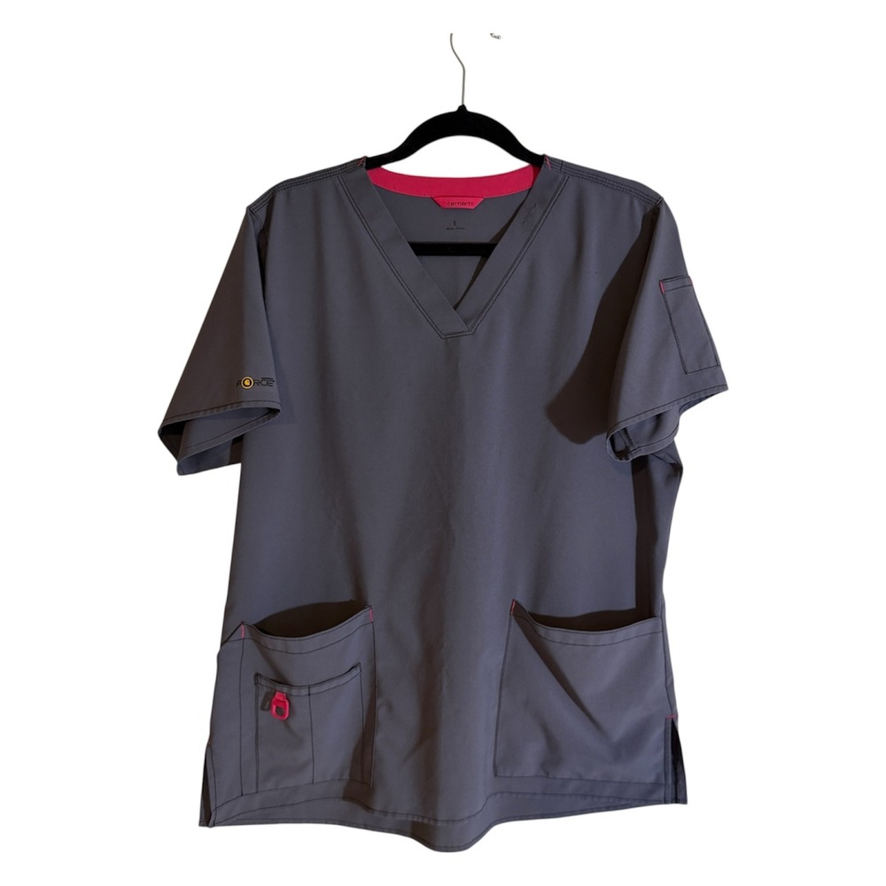 Carhartt Scrub Top Womens L Gray V-Neck Short Sleeve Force Pocket‎ Medical